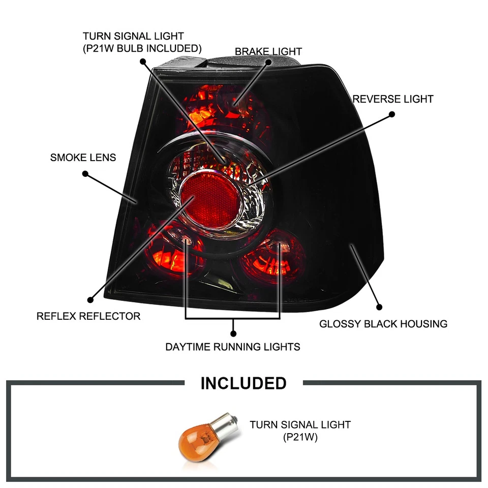 Black/Smoke Fits 1999-2004 VW Volkswagen Jetta Bora Tail Lights Brake Lamps L+R - Изображение 3 из 4