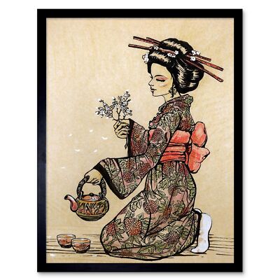 Tea Ceremony Japanese Geisha Teapot Cherry Blossom 12X16 Inch Framed Art Print