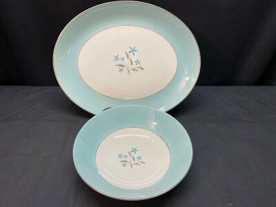 ''RY309'' Turquoise Floral Center / Platinum ~ Platter and Serving Bowl