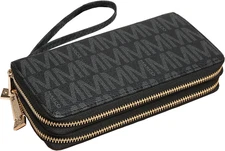 Women's Fashion Double Zip Around Wallet - Bifold Clutch Bag Wristlet w/ Strap