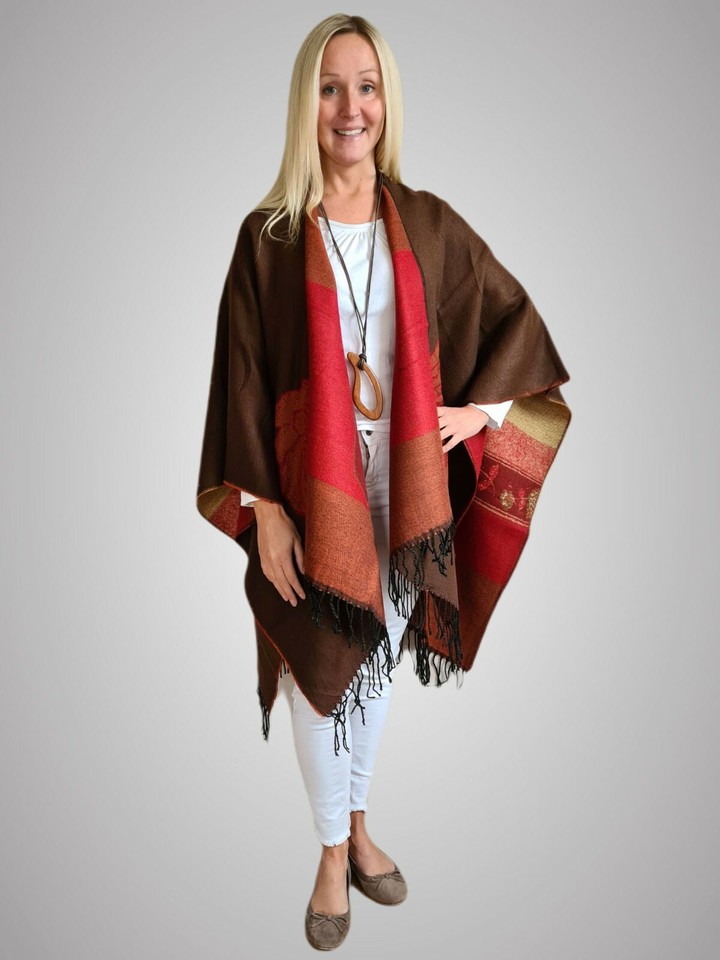 Damen Poncho Mit Schal - Vintage Umhang, Traditionelles Muster, Dunkelgrün