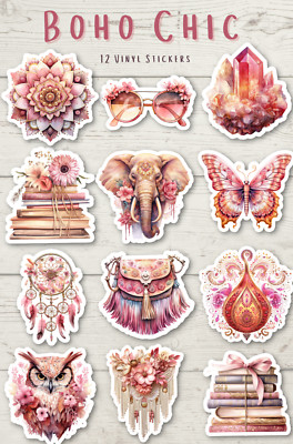 12 pcs Boho Chic Floral Bohemian Vinyl Stickers Glossy or Matte