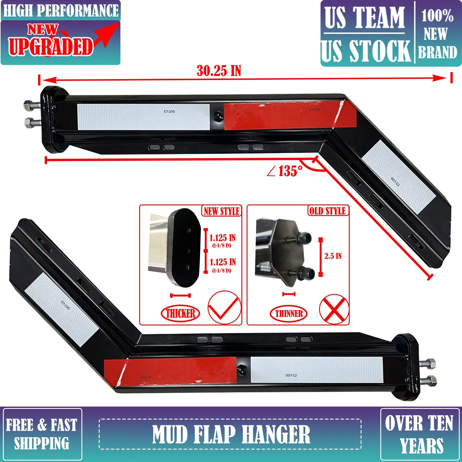 Black Angled Spring Loaded Mud Flap Hangers for Semi Trucks 1.125 & 2.5 Inch Pair