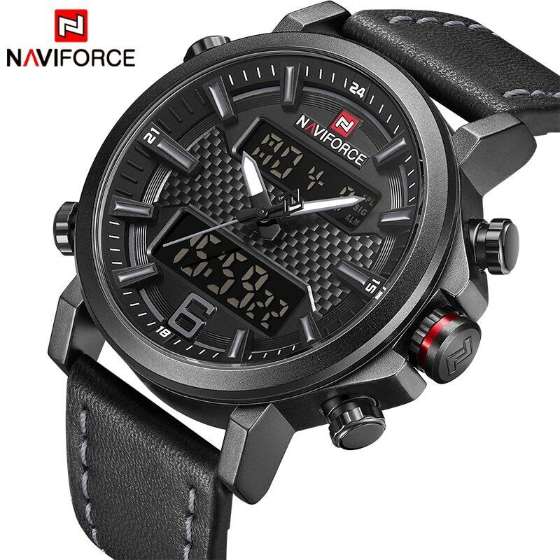 NAVIFORCE Men's Fashion Sport Leather Waterproof Date LED Analog Quartz Watches