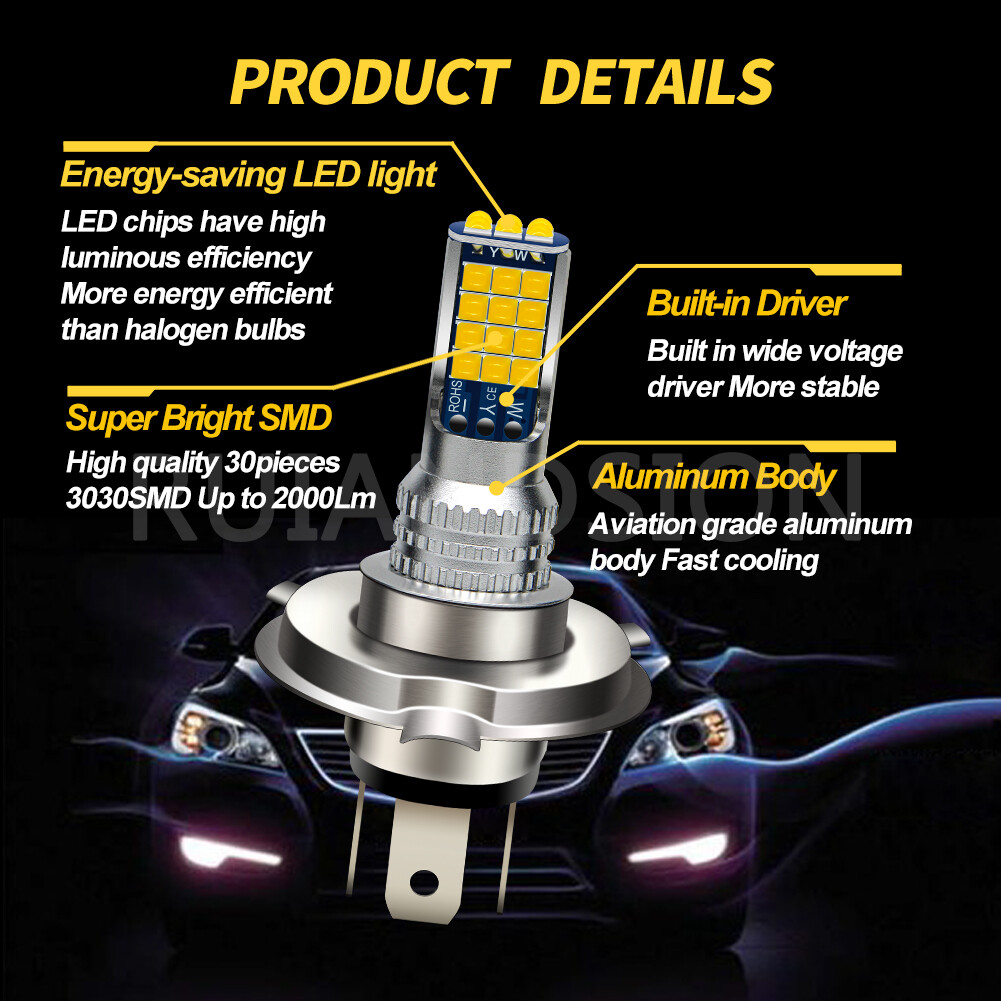 Ampoule LED H4 HB2 9003 Pour Moto - Jaune 3000K - 10-30V - 2000LM - Neuf - Phare Ou Antibrouillard
