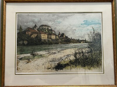Luigi Kasimir (1881-1962) Colored Etching Print, Pettau on Drava River, Signed