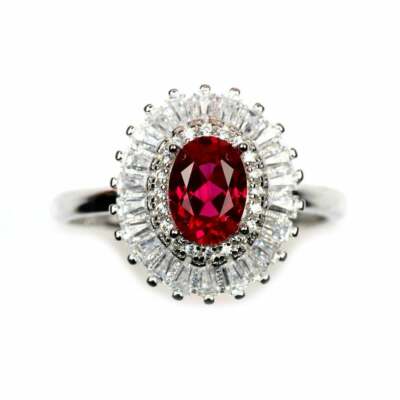 3.7ct Lab-Created Pink Ruby Engagement Ring Halo Cocktail White Gold Plated