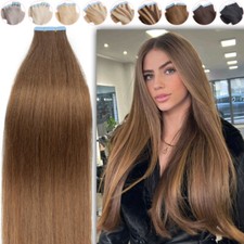 Glue Tape In Russian Human Hair Extensions Skin Weft 100 Remy Long Brown Hair