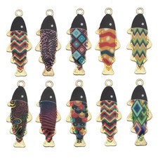 30Pcs Printed Pattern Alloy Colorful Fish Charm Pendants Jewelry Making 9 35mm
