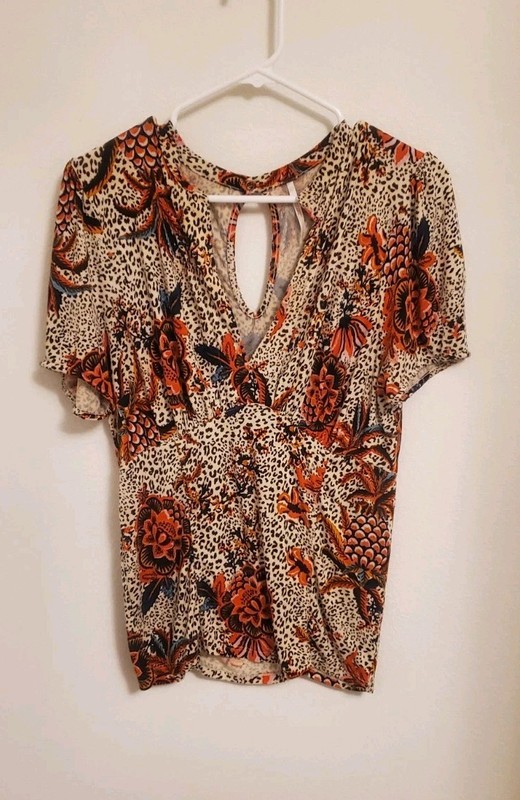 Free People Top Womens Large Cream Orange Floral Leopard Hear Me Roar Size Large