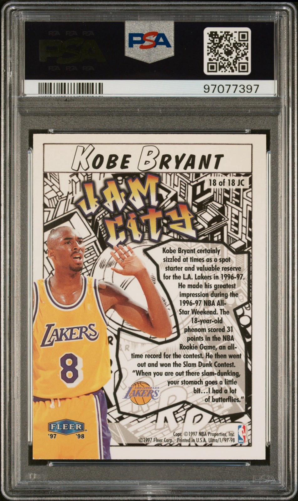 1997-98 Fleer Ultra Kobe Bryant Jam City #18 PSA 8 Lakers RARE Insert view 2