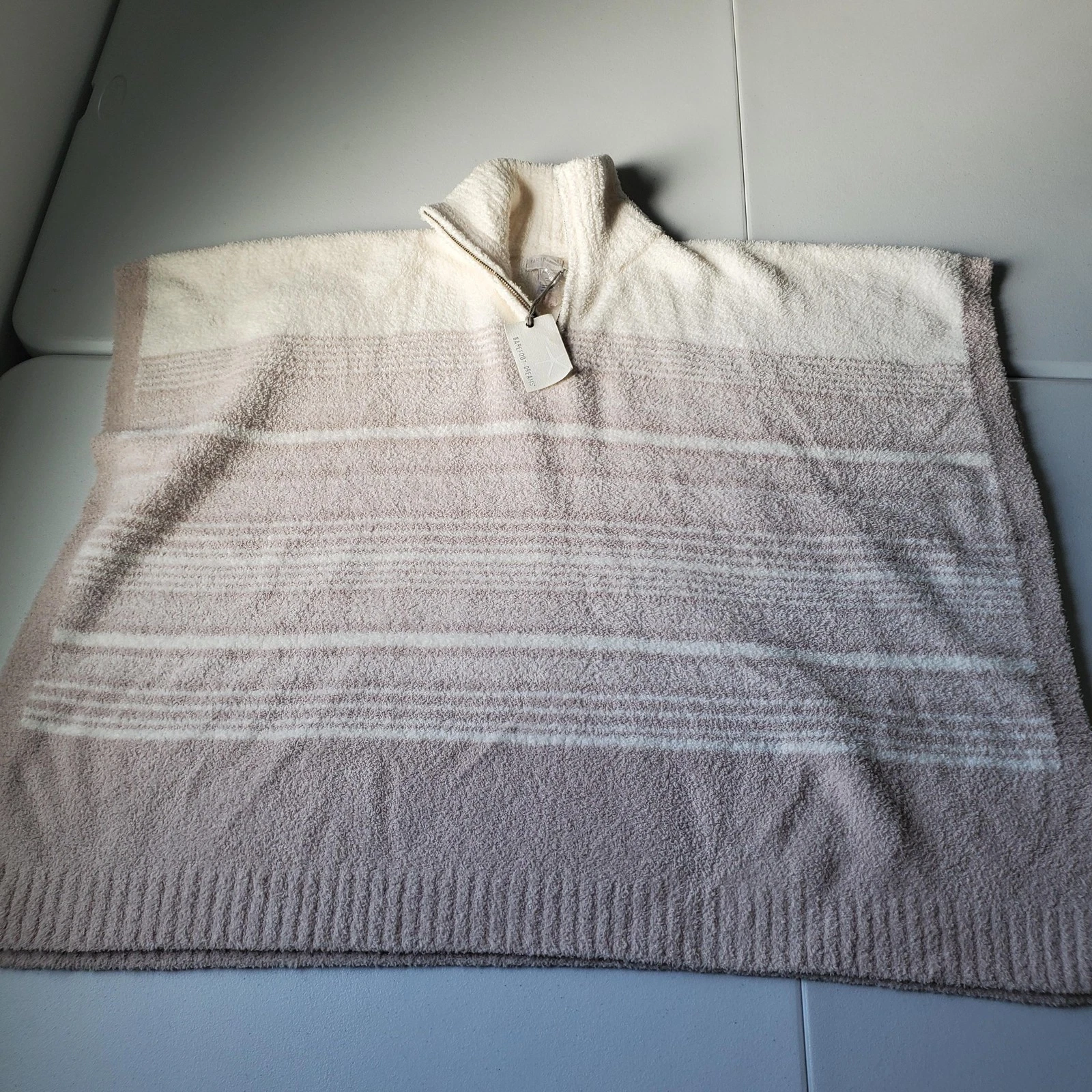 Barefoot Dreams CozyChic Poncho Womens One Size Stone Pearl 1/2 Zip Striped