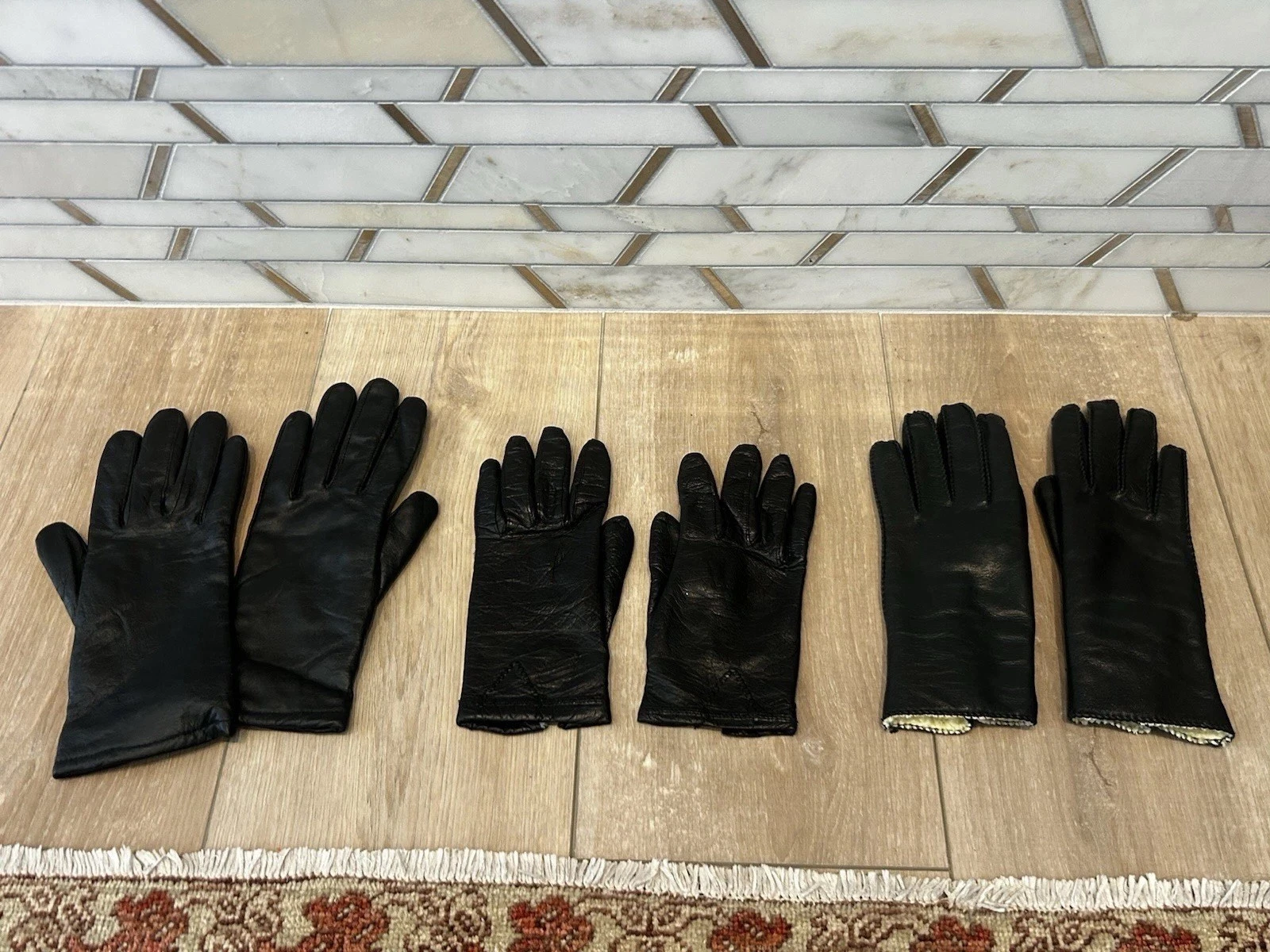 Lot Of 3 Vintage Womens Black Leather driving Gloves Lined Size Small