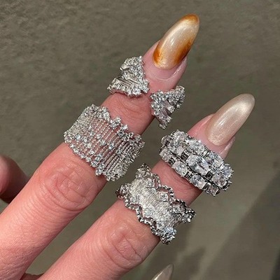   Stylish Silver Stacked Rings Set for Women, Featuring Diamonds and Sparkling 
