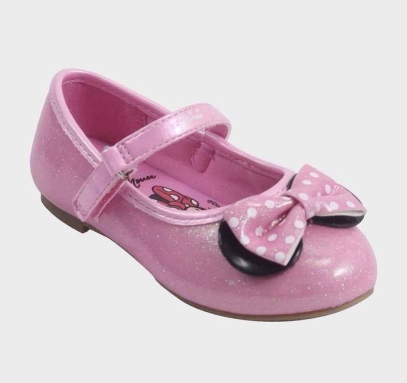 Minnie Mouse Girls Mary Jane Flats Pink Glitter Bow Polka Dot, Size 12