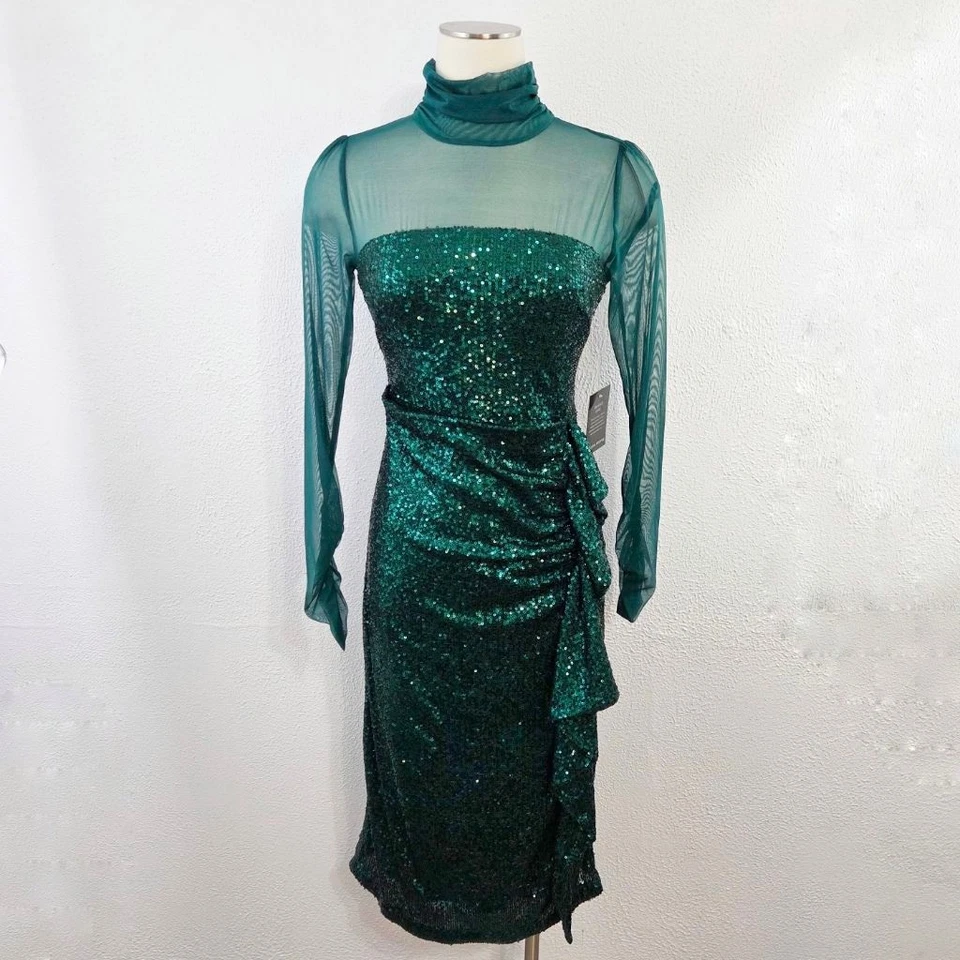 Vestido Vaina Boston Proper Malla Manga Larga Lentejuelas Verde Esmeralda Talla 6 Nuevo Con Etiquetas Foto 3 de 4
