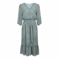 Pastel Blue Floral Paisley V-Neck Tiered Belted Midi Dress M Cottagecore