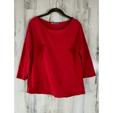 In Cashmere Top Size Small Red Boatneck Rolled Raw Hems Slub Knit 100% Cotton
