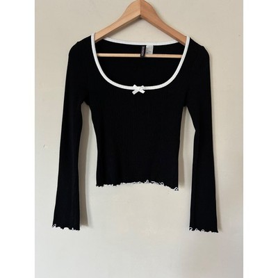 HM Divided Black Ribbed Long Sleeve Top White Trim Bow Lettuce Edge Small Grunge