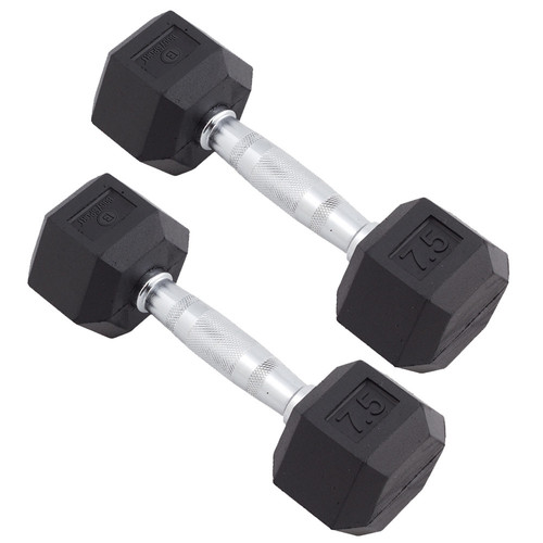 Body Sport Rubber Encased Hex Dumbbell Weight, 7.5 lb. (Pair) - Chrome,