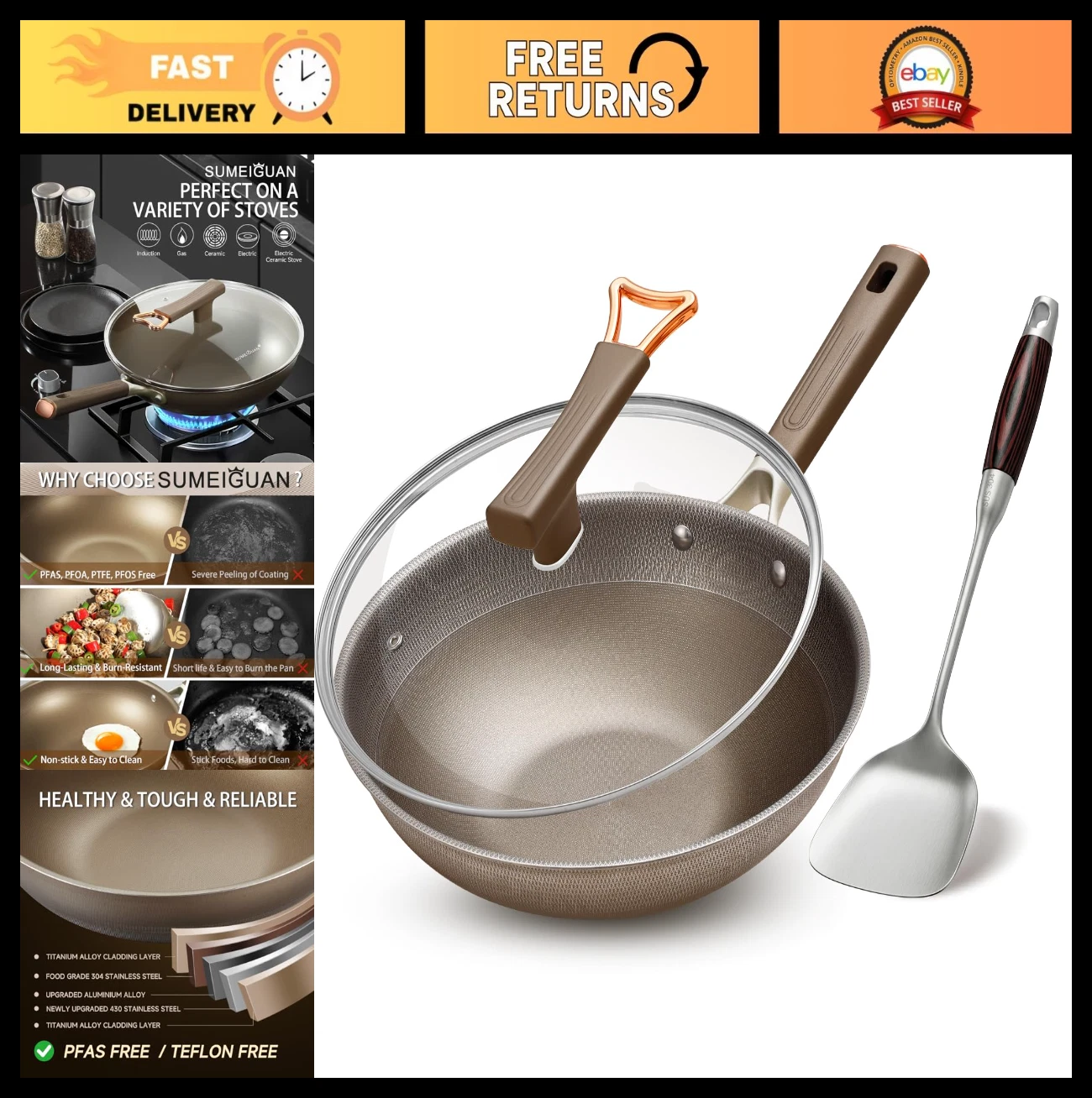 13" Non-Stick Titanium Wok with Lid, Cool-Touch Handle, Dishwasher Safe, Inducti