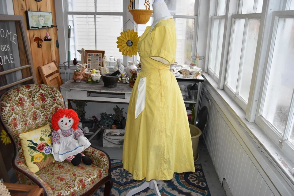 Vestido Vintage Años 50 "Bob Low" Algodón Línea A Cintura Calada Amarillo Mantequilla Talla Pequeña Foto 4 de 4