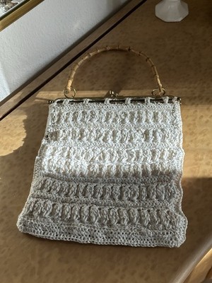 Vintage 1950s White Crochet Handbag with Bamboo Handle