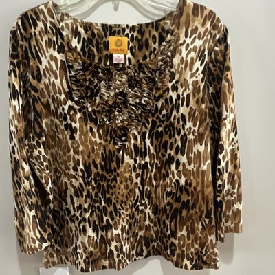 Ruby Rd. Women's Leopard Print Ruffle Neck Sequin Blouse, Brown, 3/4 Sleeve, XL
