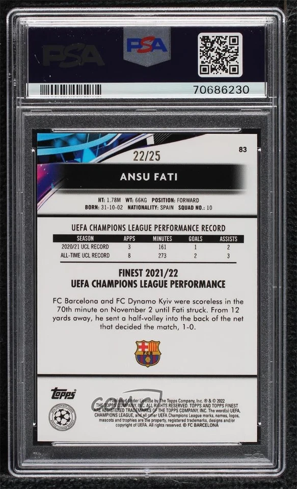 2021-22 Topps Finest UCL Orange Refractor /25 Ansu Fati #83 PSA 9 MINT - Image 2 of 2