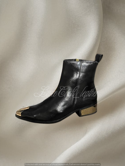 black and gold dress boots Men Black Leather Ankle Boots Gold Toe Side Zip Designer party Shoe handmade