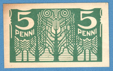 1919-20 ESTONIA 5 PENNI P. 39 UNC. Green. Owl in tree at center 249