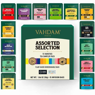 VAHDAM, Assorted Tea Sampler (15 Different Variety in Individually Wrapped... 