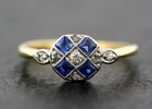 Art Deco Style Sapphire, Lab-Created Diamond Wedding Ring 14K Yellow Gold Finish