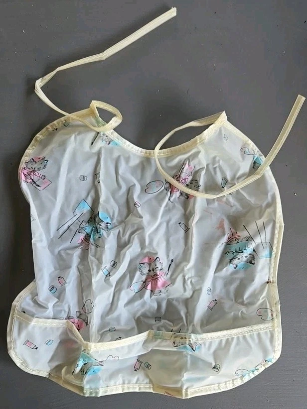 Vintage 1950's-60's Plastic/Vinyl Baby Bib Tie String Crumb Catcher~Painter Cats