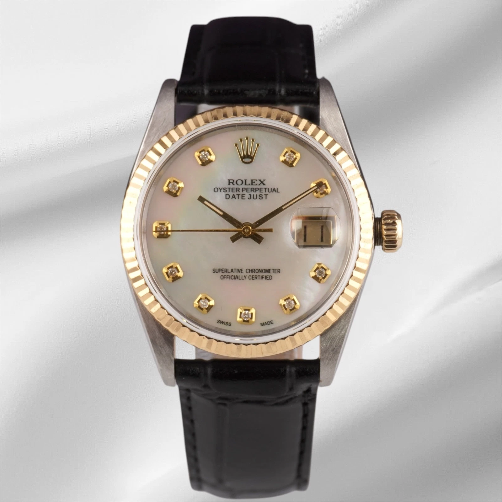 Rolex — Rolex Datejust 36mm Yellow Gold White Mop Diamond Dial Leather Band Watch 16013