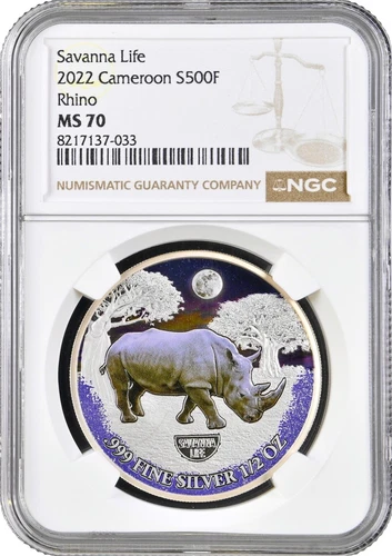Cameroon 500 francs 2022, NGC MS70, "Savanna Life - Rhino" silver coin