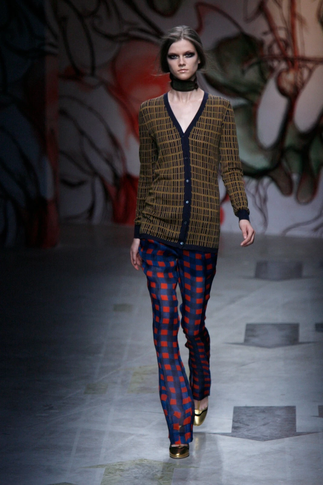 Pantaloni Prada Vintage Archivio Primavera 2008 Fata Blu Rosso Ondulato Plaid Seta 36S