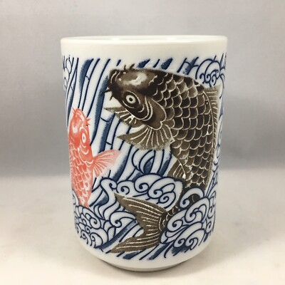 Japanese 4''H Porcelain Tea Sushi Juice Mug Cup Lucky Koi Carp, Made in Japan