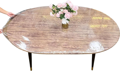 Clear Vinyl Oval Fitted Tablecloth Waterproof Elasticized Table Cloth Plastic Ta