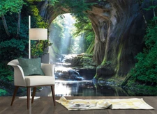 Waterfall Flow Through Cave Self-Adhesive Wall Mural Poster Wallpaper for Home