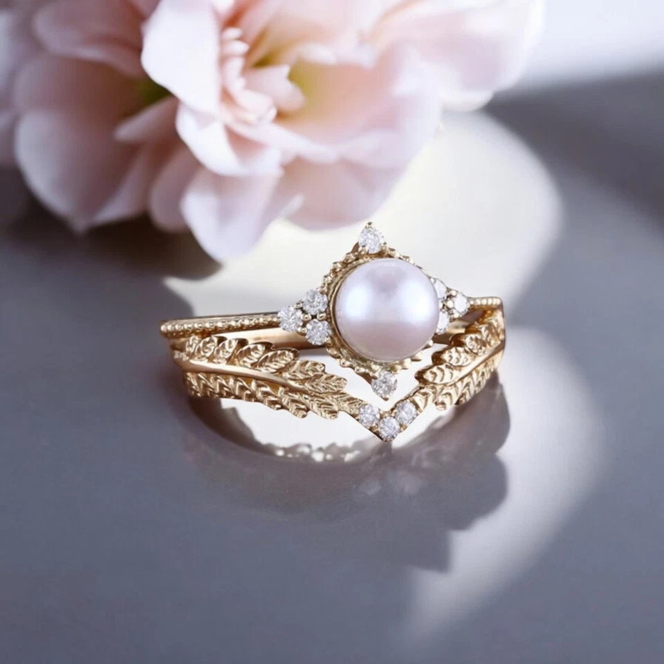 9k Solid Gold 5MM Round Shape Natural Akoya Pearl Ring Solitaire Bezel Set Ring - Image 3 of 4