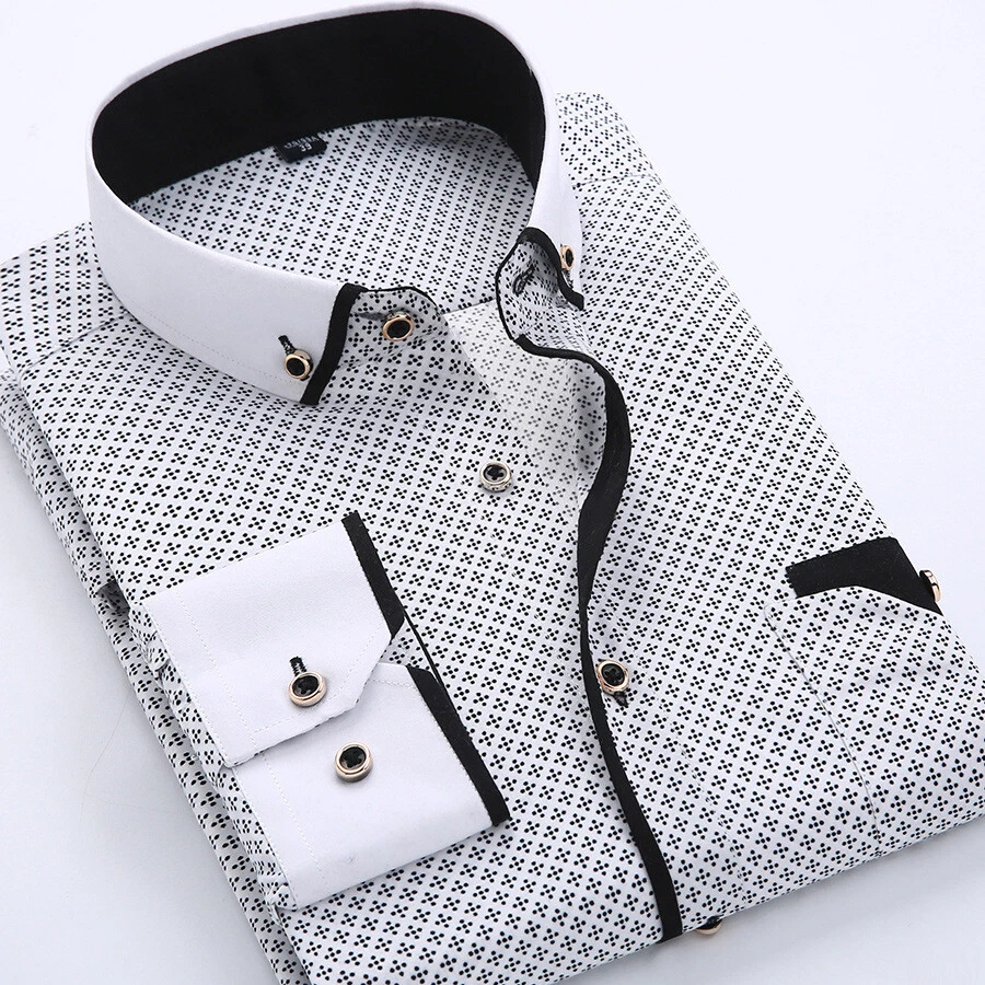 Mens Dress Shirts Long Sleeves Formal Business Slim Non Iron Dot Casual Shirts - Image 4 of 4