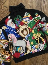Vtg Over The Top Holy Grail Ugly Christmas Sweater Colorful Toys Turtleneck L XL