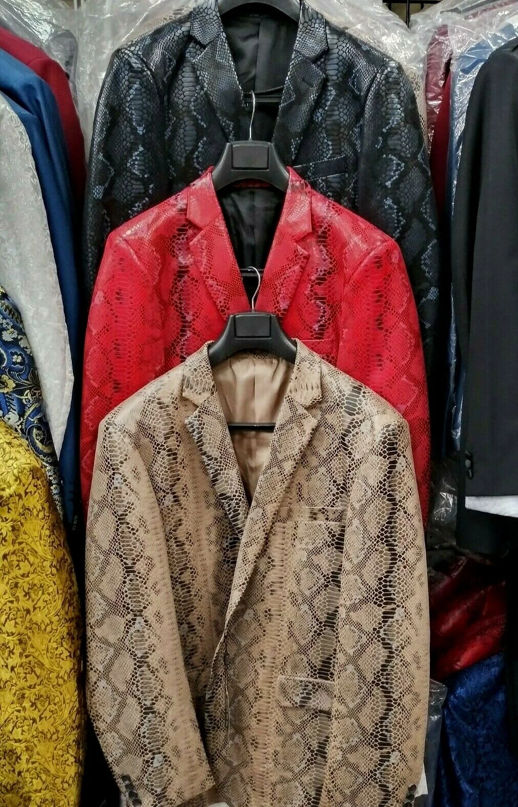 Mens Bassiri Designer Jacket Blazer Amazing Snake Pattern Taupe Black Red