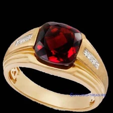 Natural Garnet & CZ Gemstones 925 Sterling Silver Gold Plated Ring For Men's #C7