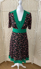 Jasmine Guinness Green 40s Vintage Inspired Tea Dress Rose Print Satin Slip 10