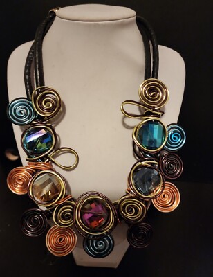 Multi Colored Crystal Wire Metal Statement Necklace, 18