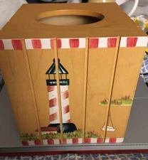 Croscill Wood Tissue Box Cover Harbor Lights Hand Painted LIGHTHOUSE & Boats NEW