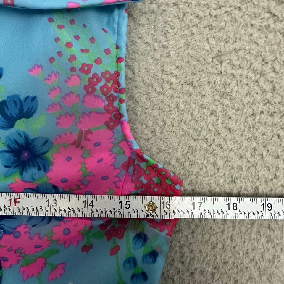 Vestido Floral Vintage Años 70 Pequeño Imperio Cintura Botón Neón Rosa Azul Verde Foto 3 de 4