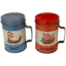 Vintage Chicken Hen Pig Piglet Tin Red Blue Farm Animals Salt and Pepper Shakers